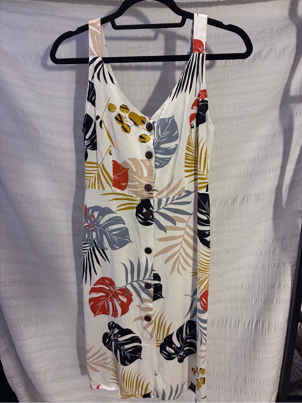 Monteau White Tropical Leaf Button-Front Midi Dress with Red & Yellow Accents
